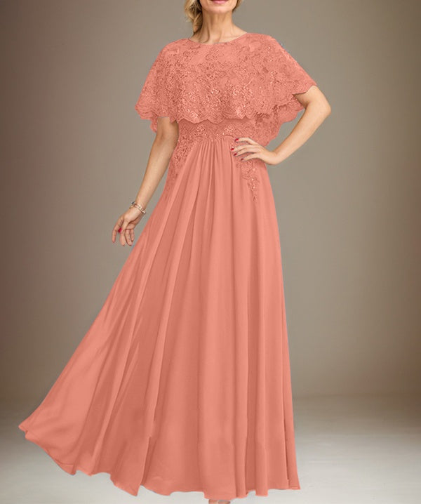 A-line Boat Neck Floor-Length Lace Chiffon Mother of the Bride Dress With Applique Sequins