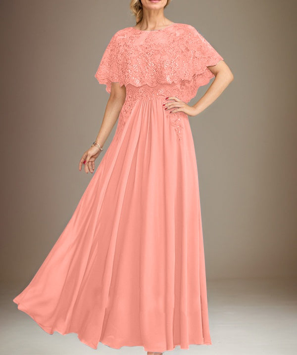 A-line Boat Neck Floor-Length Lace Chiffon Mother of the Bride Dress With Applique Sequins