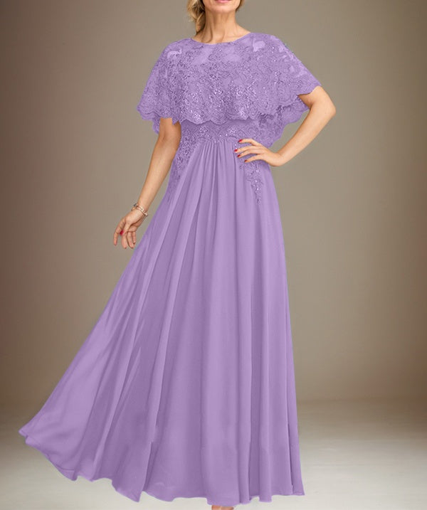 A-line Boat Neck Floor-Length Lace Chiffon Mother of the Bride Dress With Applique Sequins