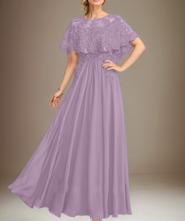 A-line Boat Neck Floor-Length Lace Chiffon Mother of the Bride Dress With Applique Sequins