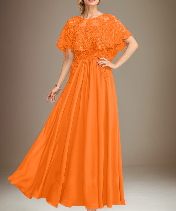 A-line Boat Neck Floor-Length Lace Chiffon Mother of the Bride Dress With Applique Sequins