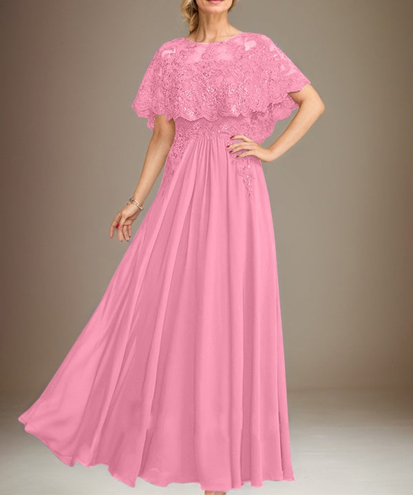 A-line Boat Neck Floor-Length Lace Chiffon Mother of the Bride Dress With Applique Sequins