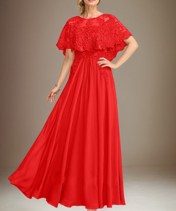 A-line Boat Neck Floor-Length Lace Chiffon Mother of the Bride Dress With Applique Sequins