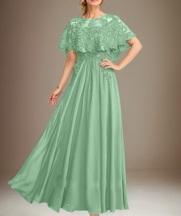 A-line Boat Neck Floor-Length Lace Chiffon Mother of the Bride Dress With Applique Sequins