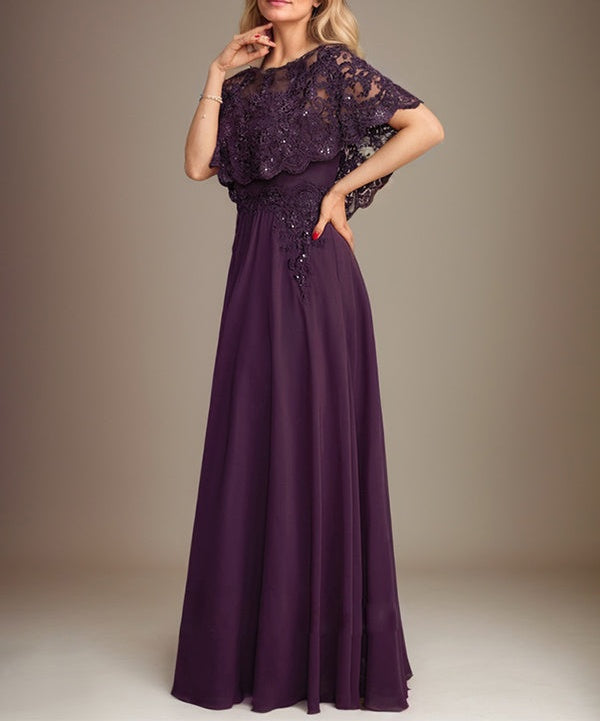 A-line Boat Neck Floor-Length Lace Chiffon Mother of the Bride Dress With Applique Sequins