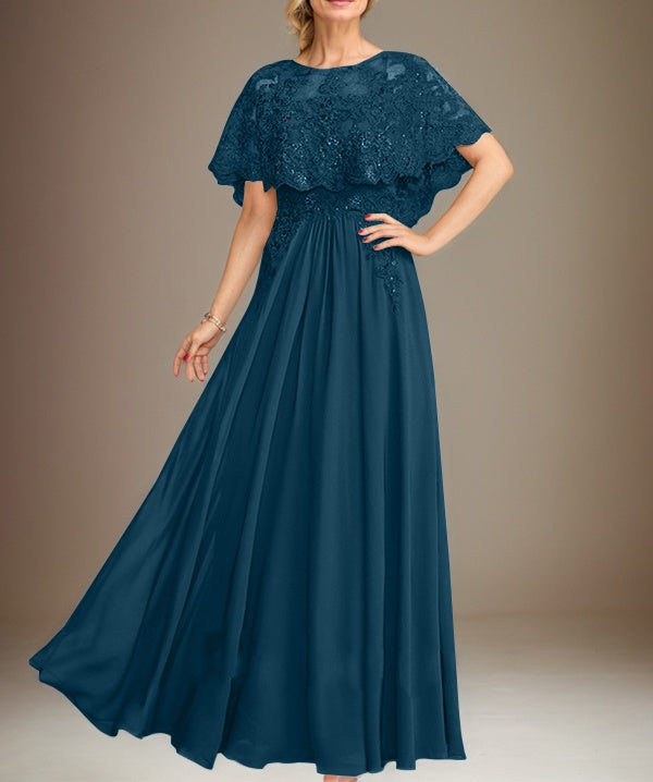 A-line Boat Neck Floor-Length Lace Chiffon Mother of the Bride Dress With Applique Sequins
