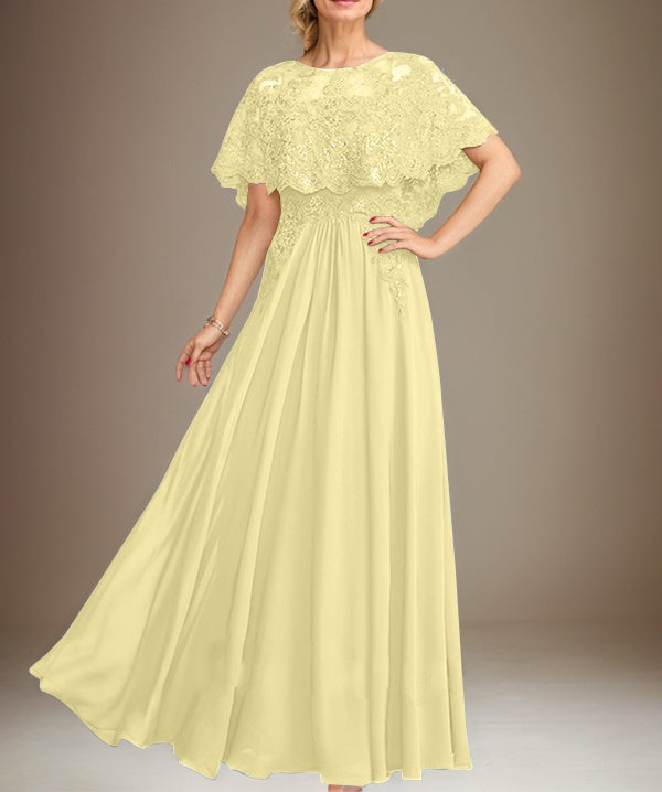 A-line Boat Neck Floor-Length Lace Chiffon Mother of the Bride Dress With Applique Sequins