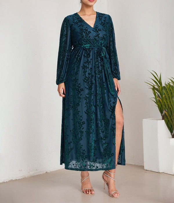 A-Line V-Neck Long Sleeves Velvet Tea-Length Mother of the Bride Dress With Split