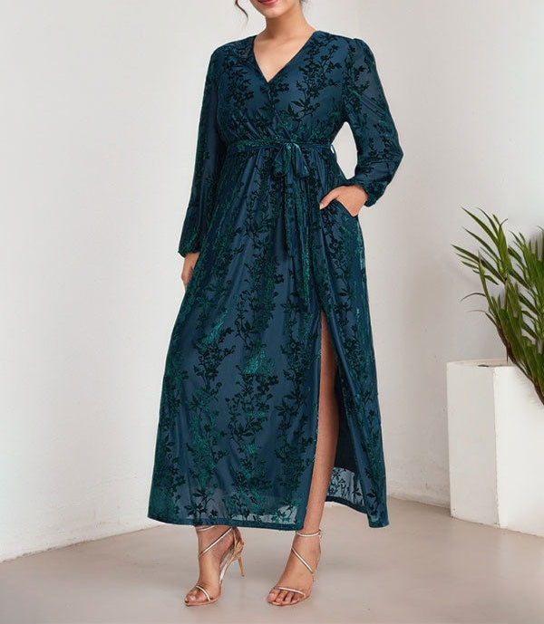 A-Line V-Neck Long Sleeves Velvet Tea-Length Mother of the Bride Dress With Split