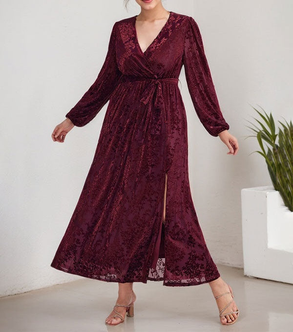 A-Line V-Neck Long Sleeves Velvet Tea-Length Mother of the Bride Dress With Split