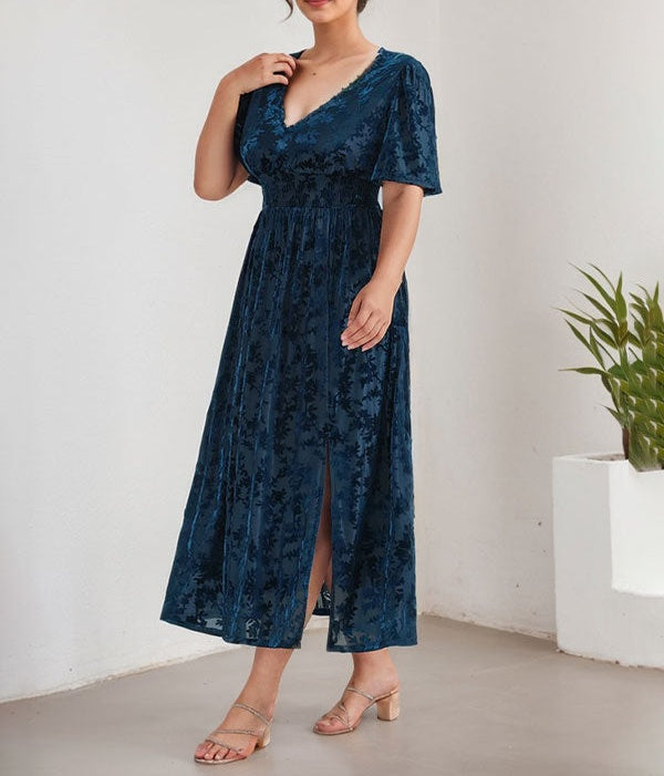 Plus Size A-Line V-Neck Velvet Tea-Length Mother of the Bride Dress