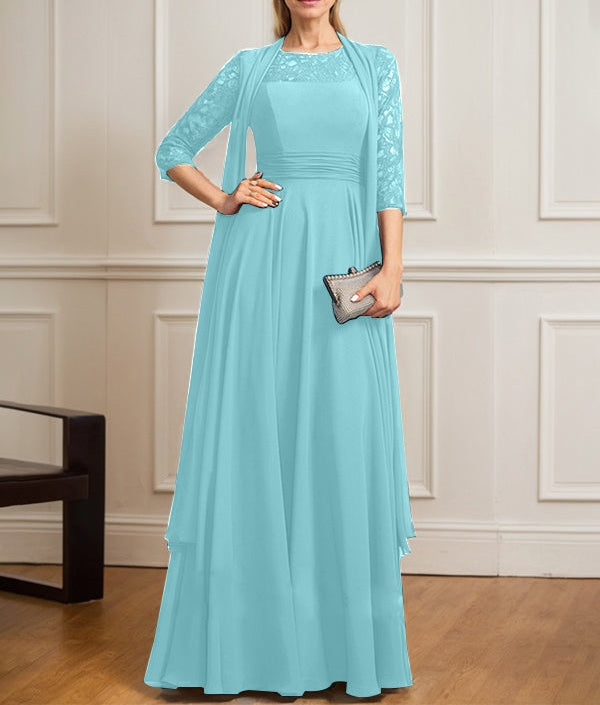 A-line Scoop Illusion Floor-Length Lace Chiffon Mother of the Bride Dress With Pleated