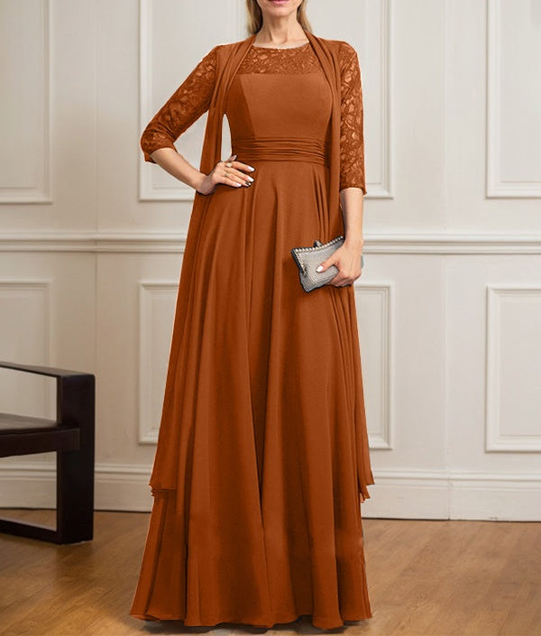 A-line Scoop Illusion Floor-Length Lace Chiffon Mother of the Bride Dress With Pleated