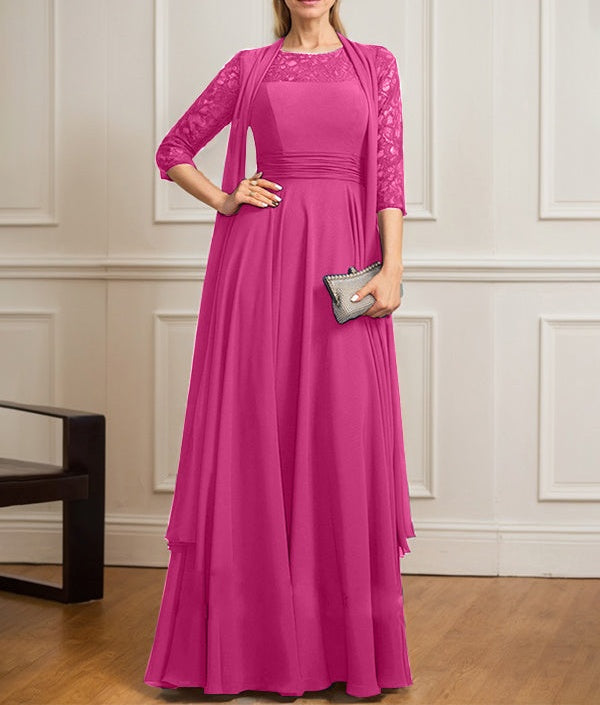 A-line Scoop Illusion Floor-Length Lace Chiffon Mother of the Bride Dress With Pleated