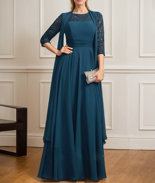 A-line Scoop Illusion Floor-Length Lace Chiffon Mother of the Bride Dress With Pleated