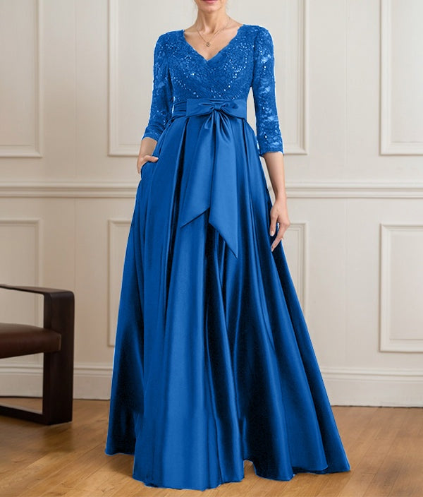 A-line V-Neck Floor-Length Satin Lace Mother of the Bride Dress With Sequins Bow