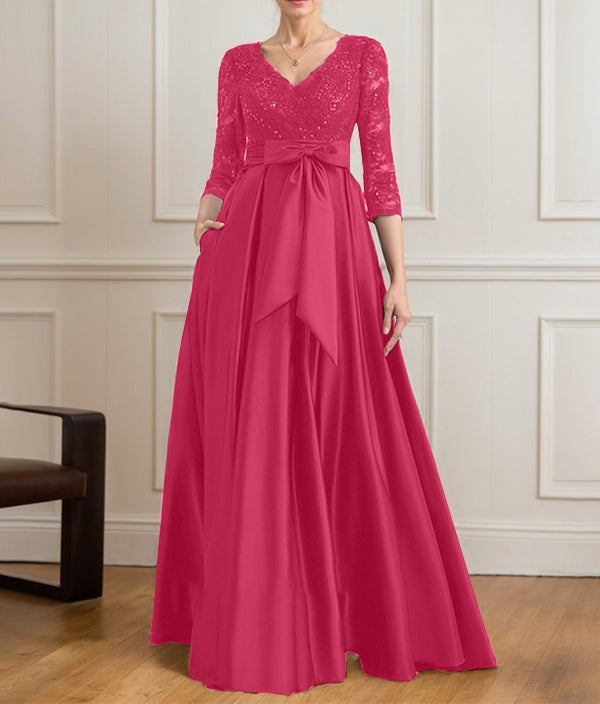 A-line V-Neck Floor-Length Satin Lace Mother of the Bride Dress With Sequins Bow