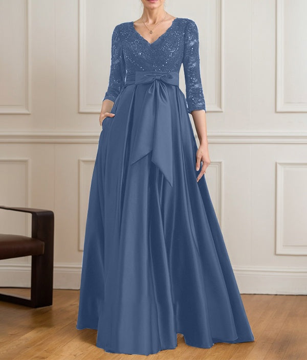 A-line V-Neck Floor-Length Satin Lace Mother of the Bride Dress With Sequins Bow