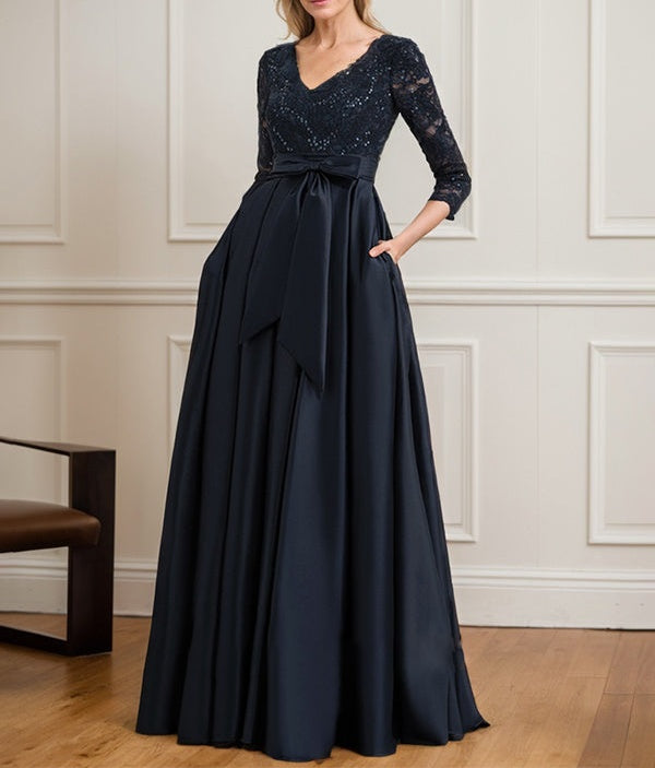 A-line V-Neck Floor-Length Satin Lace Mother of the Bride Dress With Sequins Bow