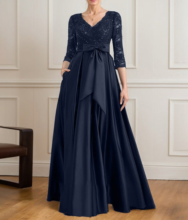 A-line V-Neck Floor-Length Satin Lace Mother of the Bride Dress With Sequins Bow