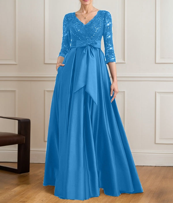 A-line V-Neck Floor-Length Satin Lace Mother of the Bride Dress With Sequins Bow