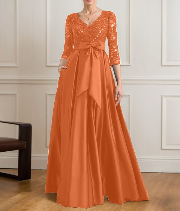 A-line V-Neck Floor-Length Satin Lace Mother of the Bride Dress With Sequins Bow
