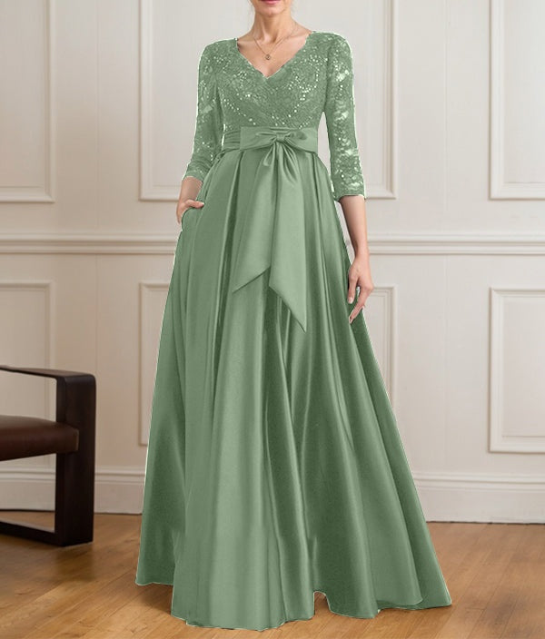 A-line V-Neck Floor-Length Satin Lace Mother of the Bride Dress With Sequins Bow