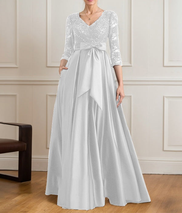 A-line V-Neck Floor-Length Satin Lace Mother of the Bride Dress With Sequins Bow