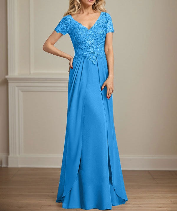 A-line V-Neck Floor-Length Lace Chiffon Mother of the Bride Dress With Cascading Ruffles Sequins