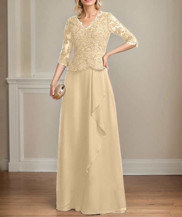 A-line V-Neck Floor-Length Lace Chiffon Mother of the Bride Dress With Cascading Ruffles Sequins