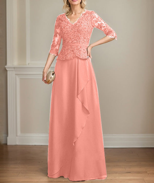 A-line V-Neck Floor-Length Lace Chiffon Mother of the Bride Dress With Cascading Ruffles Sequins