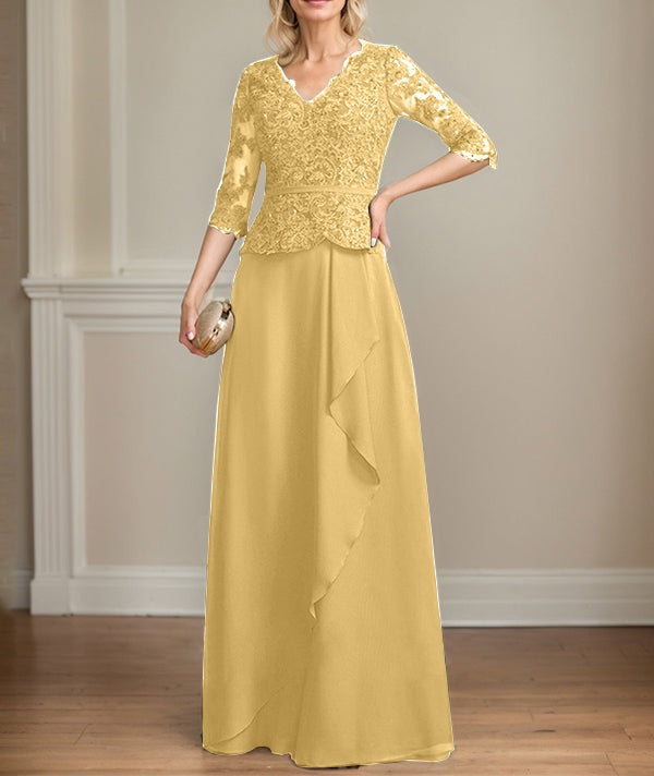 A-line V-Neck Floor-Length Lace Chiffon Mother of the Bride Dress With Cascading Ruffles Sequins