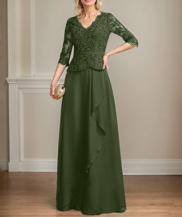 A-line V-Neck Floor-Length Lace Chiffon Mother of the Bride Dress With Cascading Ruffles Sequins