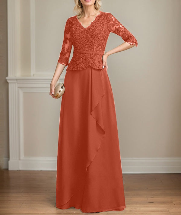 A-line V-Neck Floor-Length Lace Chiffon Mother of the Bride Dress With Cascading Ruffles Sequins