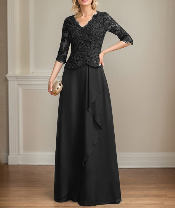 A-line V-Neck Floor-Length Lace Chiffon Mother of the Bride Dress With Cascading Ruffles Sequins