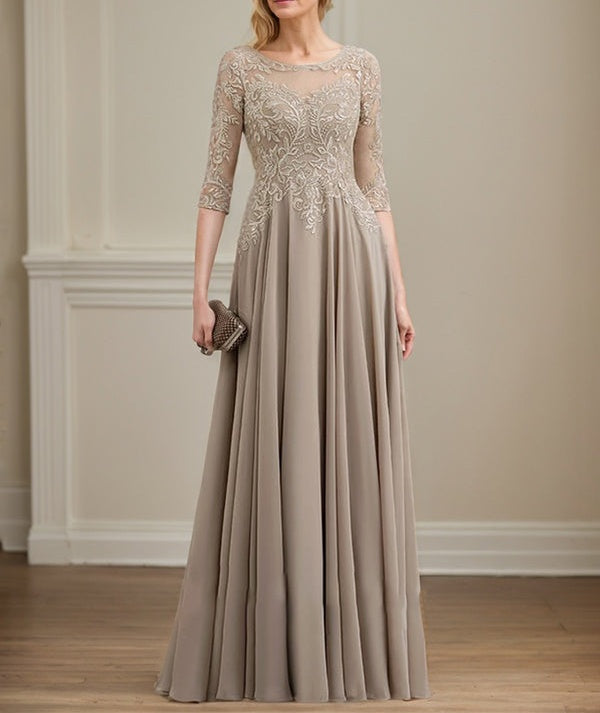 A-line Scoop Illusion Floor-Length Lace Chiffon Mother of the Bride Dress With Sequins