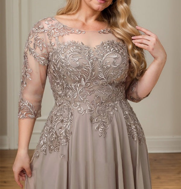 A-line Scoop Illusion Floor-Length Lace Chiffon Mother of the Bride Dress With Sequins