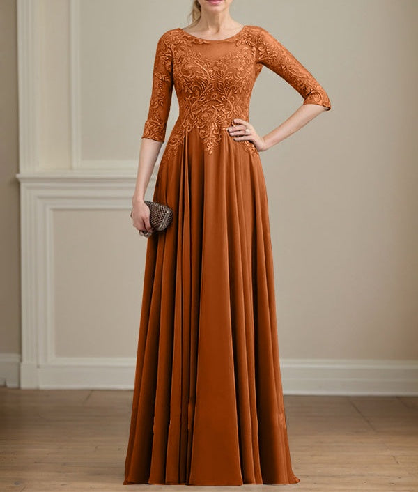 A-line Scoop Illusion Floor-Length Lace Chiffon Mother of the Bride Dress With Sequins