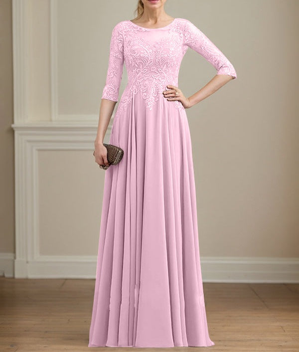 A-line Scoop Illusion Floor-Length Lace Chiffon Mother of the Bride Dress With Sequins