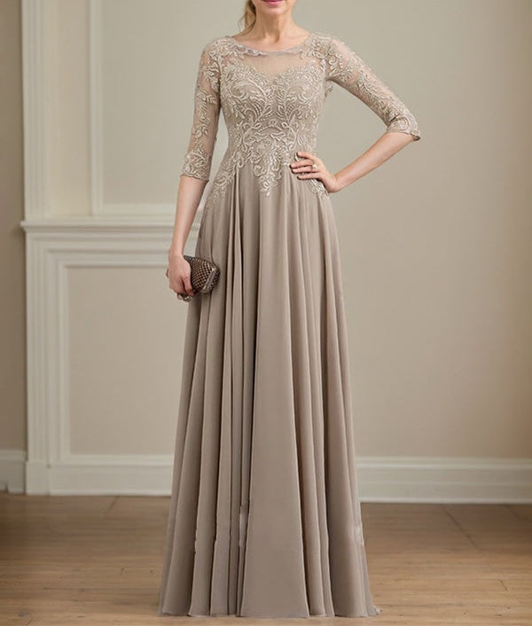 A-line Scoop Illusion Floor-Length Lace Chiffon Mother of the Bride Dress With Sequins
