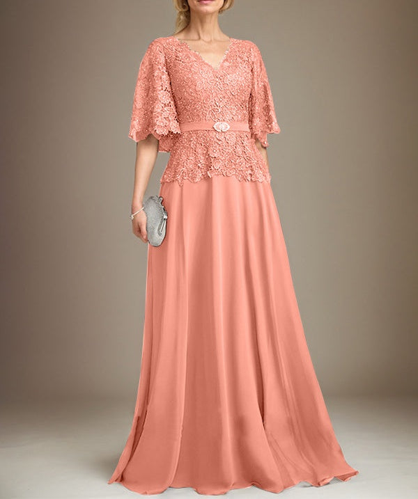 A-line V-Neck Floor-Length Chiffon Lace Mother of the Bride Dress With Crystal Brooch Rhinestone
