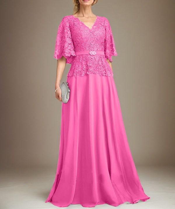 A-line V-Neck Floor-Length Chiffon Lace Mother of the Bride Dress With Crystal Brooch Rhinestone