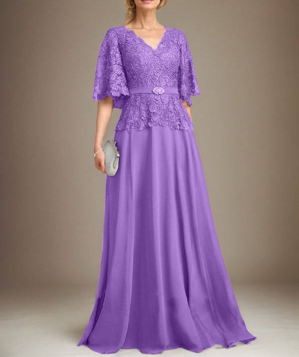 A-line V-Neck Floor-Length Chiffon Lace Mother of the Bride Dress With Crystal Brooch Rhinestone