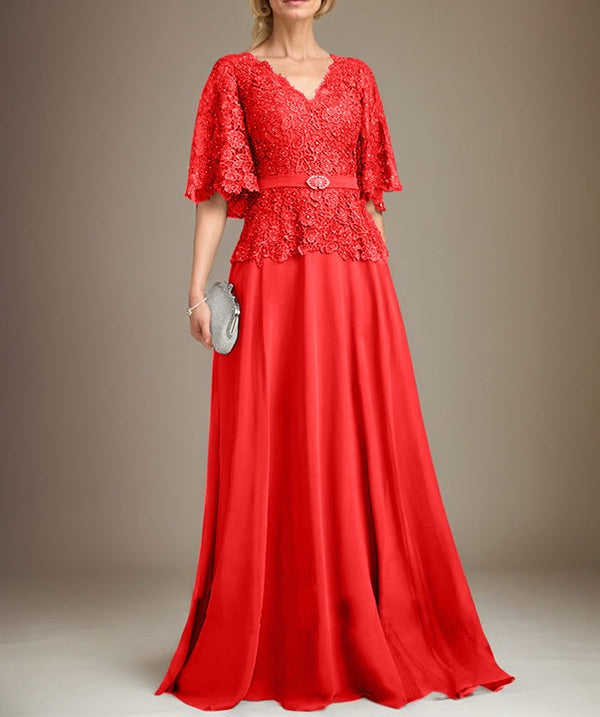 A-line V-Neck Floor-Length Chiffon Lace Mother of the Bride Dress With Crystal Brooch Rhinestone