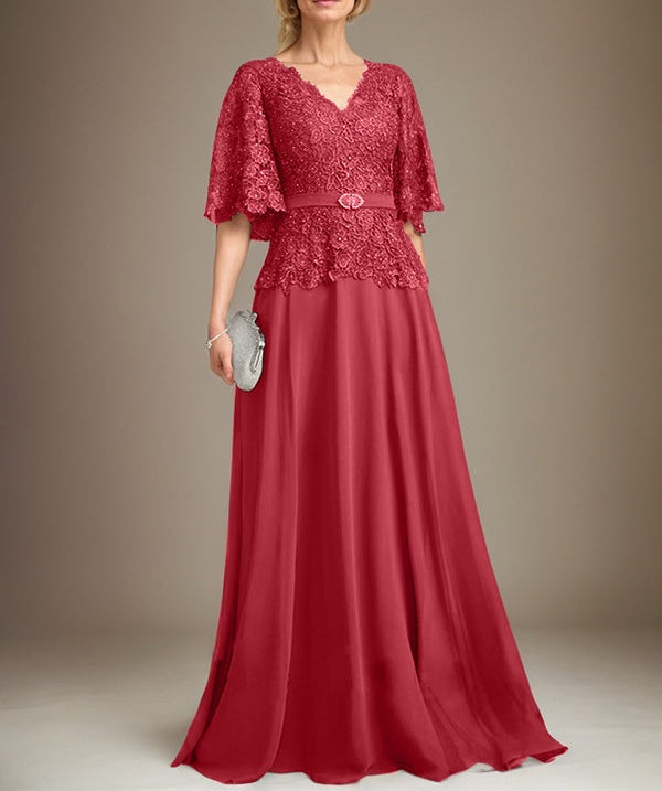 A-line V-Neck Floor-Length Chiffon Lace Mother of the Bride Dress With Crystal Brooch Rhinestone