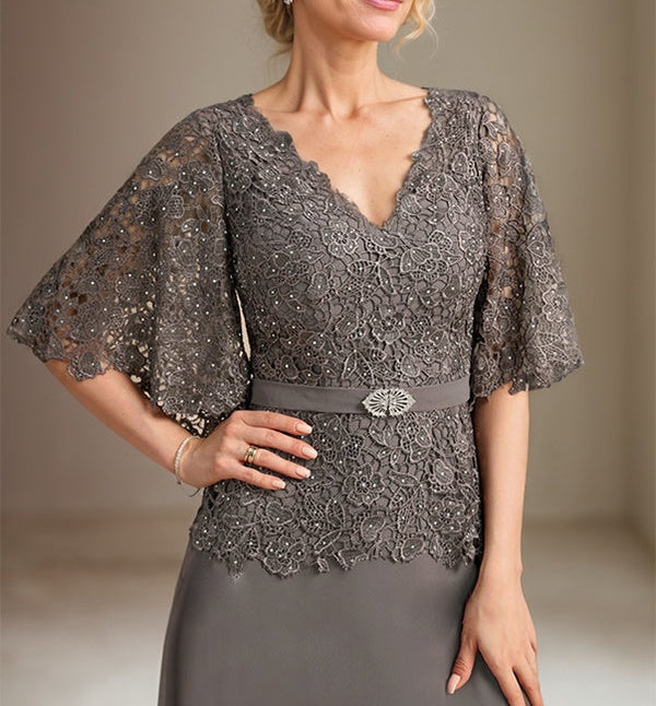 A-line V-Neck Floor-Length Chiffon Lace Mother of the Bride Dress With Crystal Brooch Rhinestone
