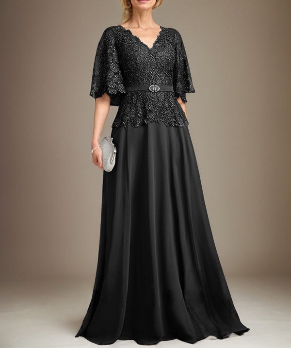 A-line V-Neck Floor-Length Chiffon Lace Mother of the Bride Dress With Crystal Brooch Rhinestone