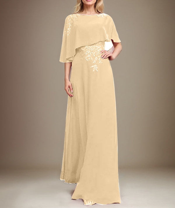 A-line Scoop Floor-Length Chiffon Lace Mother of the Bride Dress With Sequins Beading