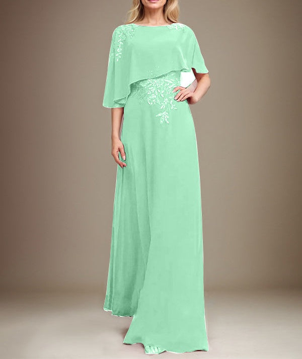 A-line Scoop Floor-Length Chiffon Lace Mother of the Bride Dress With Sequins Beading