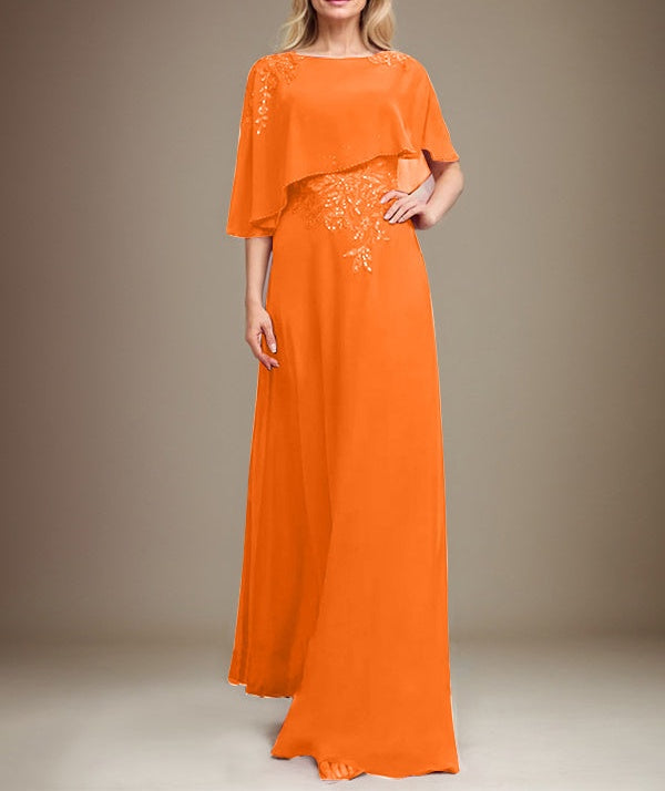 A-line Scoop Floor-Length Chiffon Lace Mother of the Bride Dress With Sequins Beading